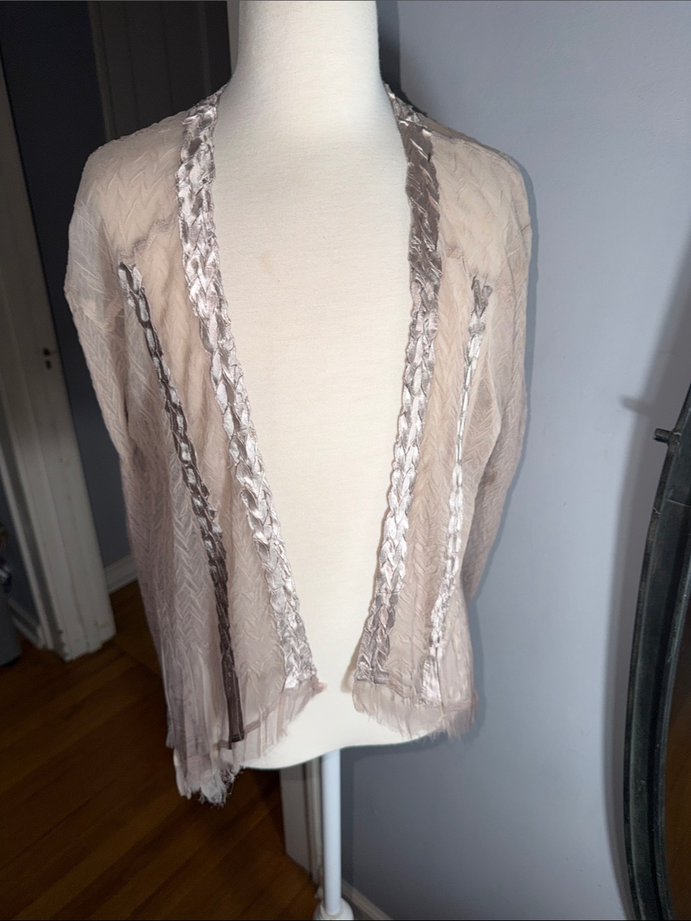 Komarov Light Taupe Open-Front Cardigan with Braided Trim